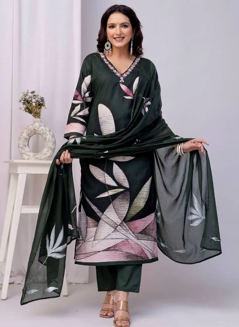 Darkgreen women embroidered floral printed aline kurta pant with dupatta set