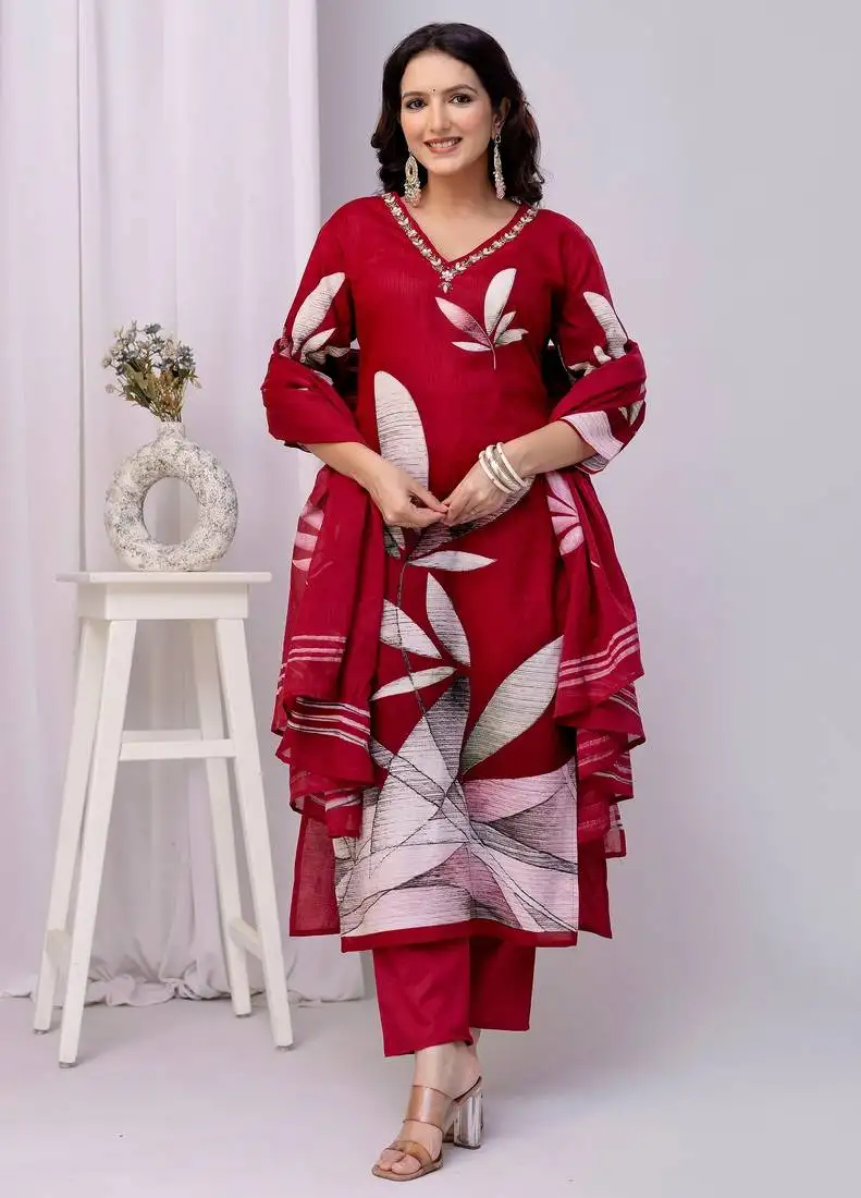 Red women embroidered floral printed aline kurta pant with dupatta set
