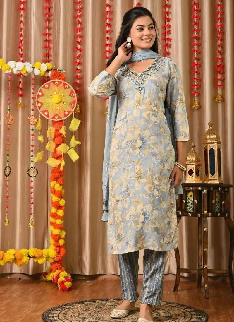 Grey women embroidered floral printed aline kurta pant with dupatta set