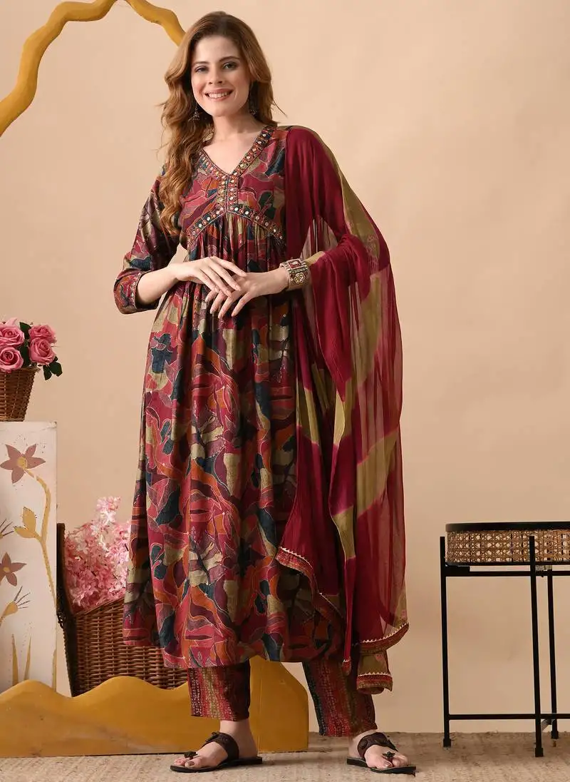 Maroon women embroidered floral printed aline kurta pant with dupatta set