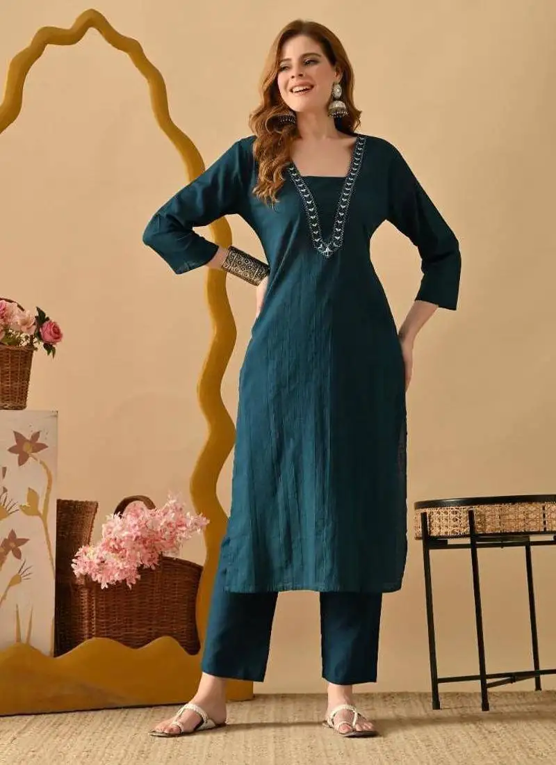Tealblue women embroidered self design aline kurta with pant with set
