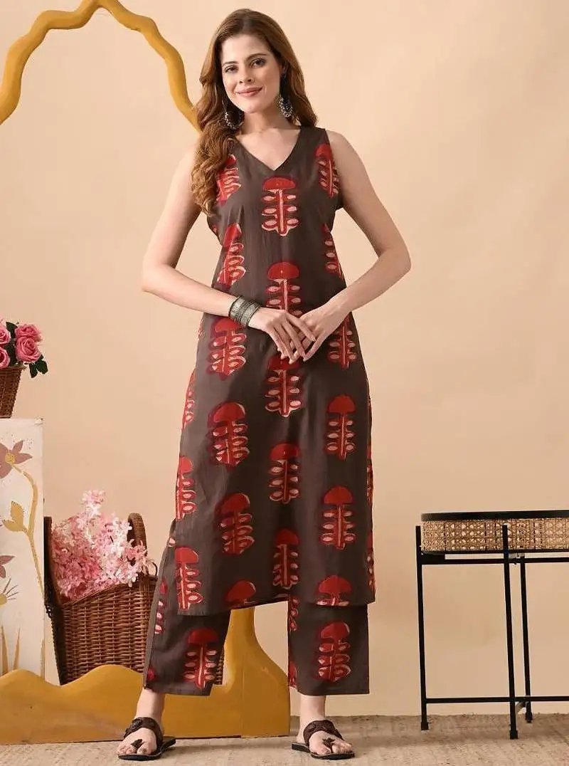 Coffee brown women floral printed aline kurta with pant set