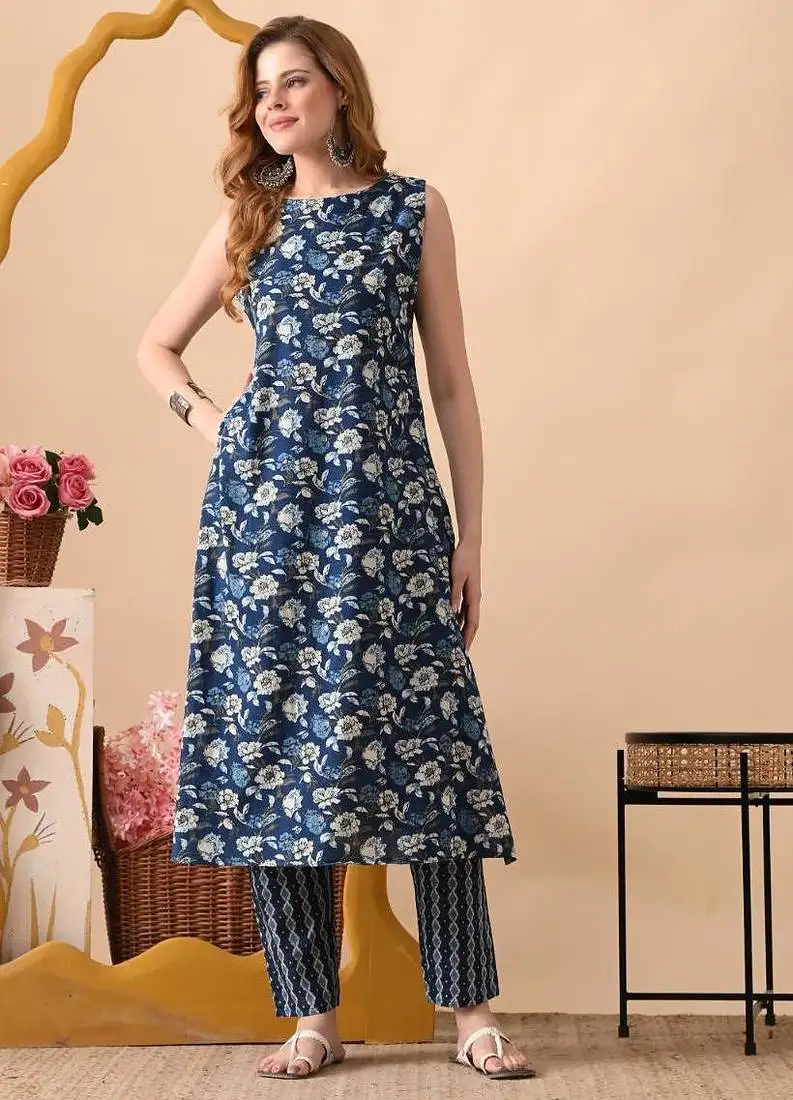 Blue women floral printed aline kurta with pant set