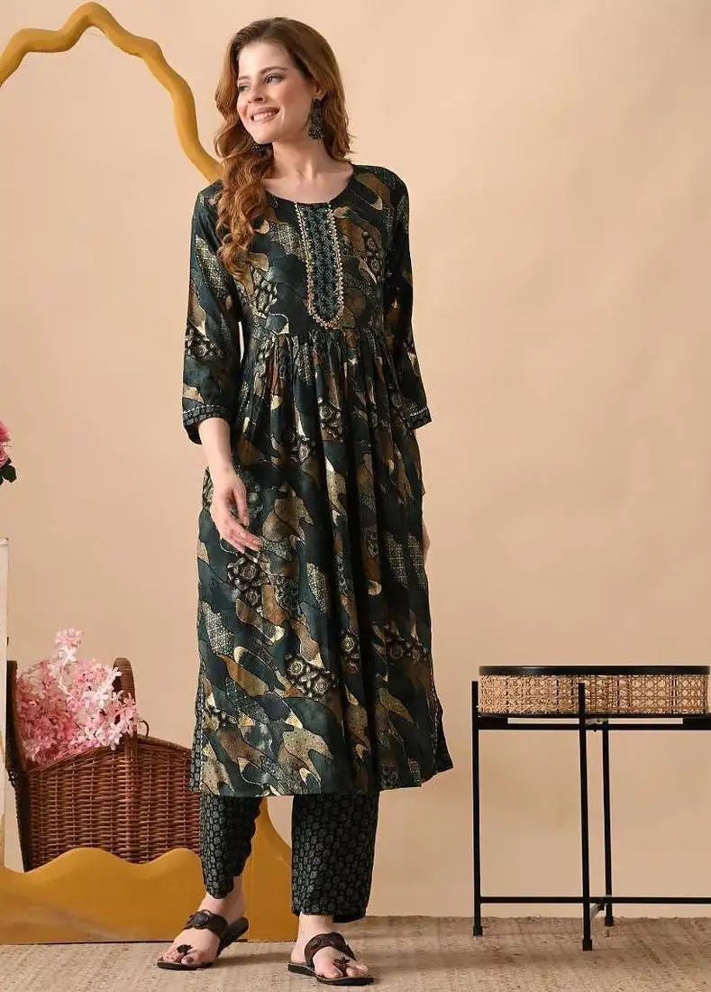 Green women embroidered floral printed aline kurta with pant set