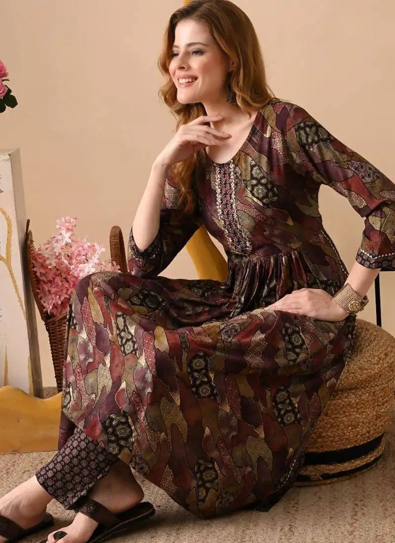 Maroon women embroidered floral printed aline kurta with pant set