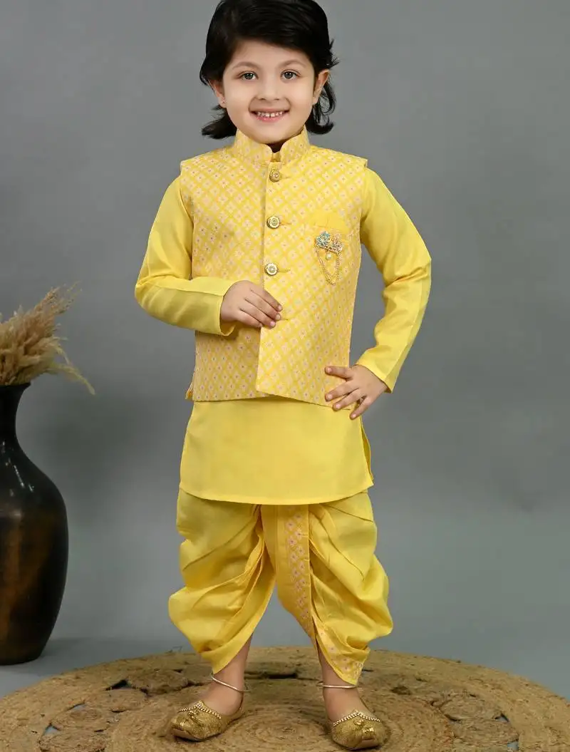 Boys yellow cotton silk diamond pattern kurta & dhoti set with waistcoat