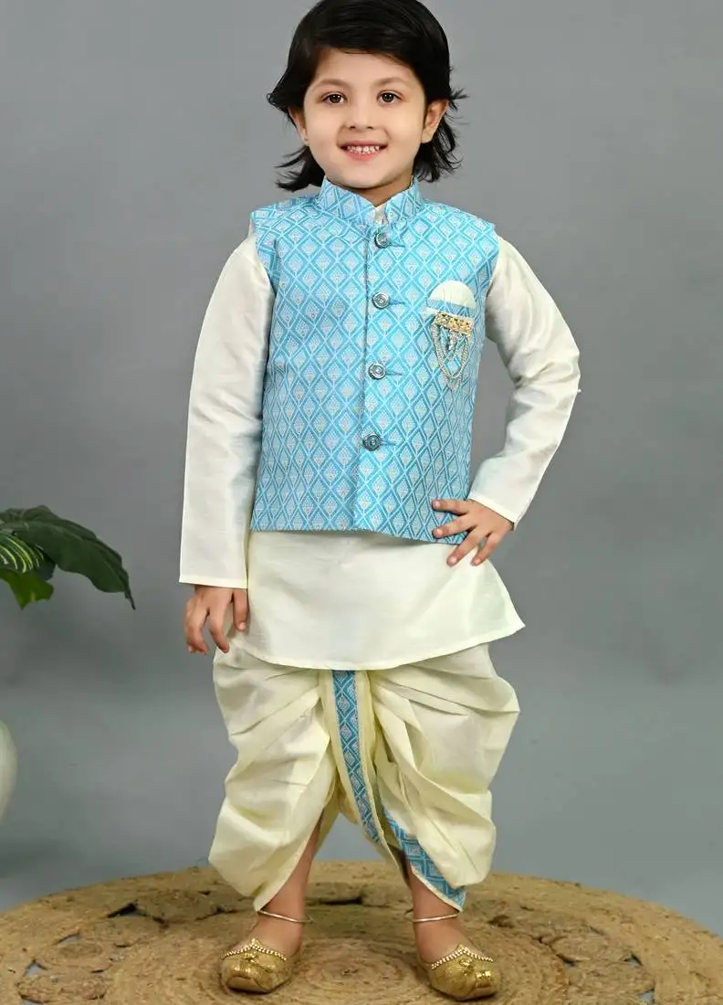 Boys sky blue & white cotton silk geometric buti motifs kurta & dhoti set with waistcoat