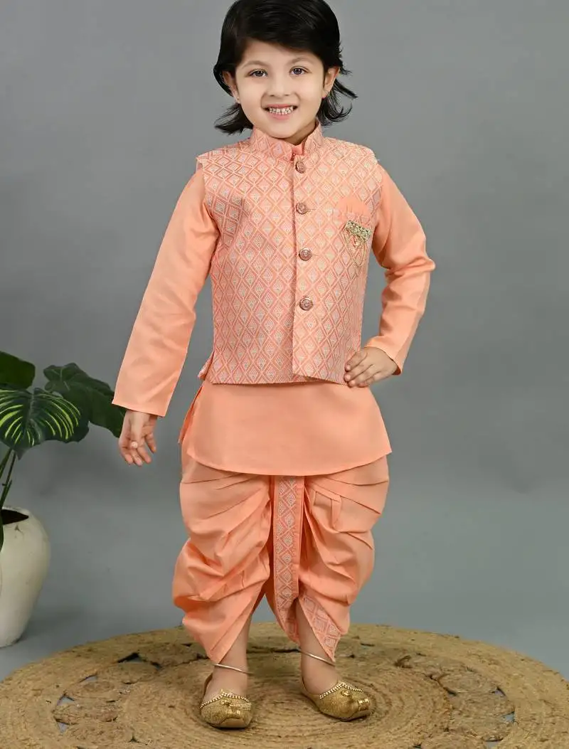 Boys peach cotton silk geometric buti motifs kurta & dhoti set with waistcoat