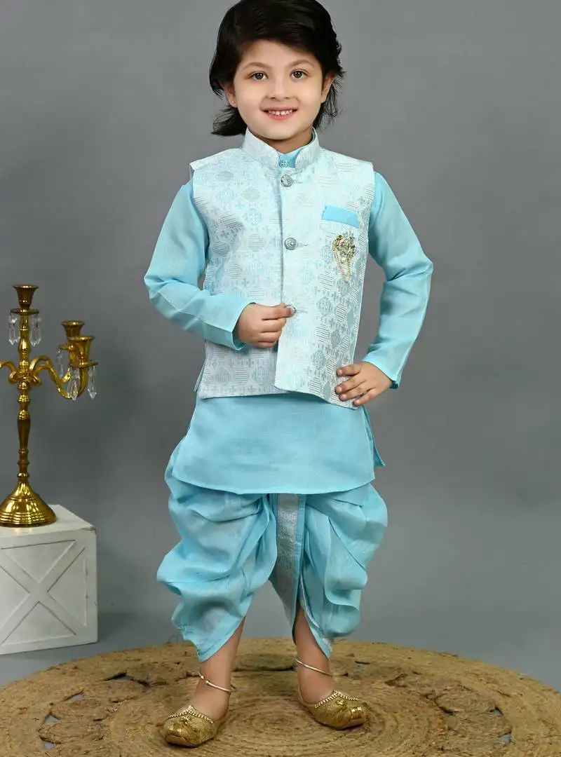 Boys aqua blue cotton silk geometric floral motifs kurta & dhoti set with waistcoat