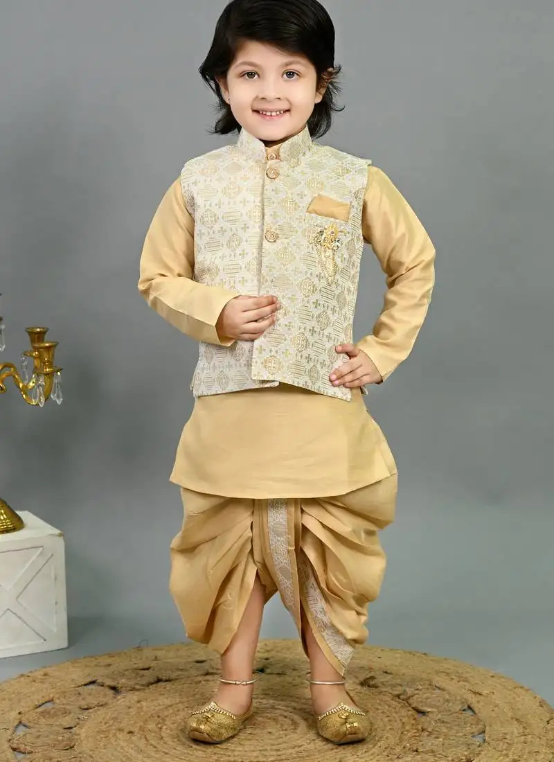 Boys fawn cotton silk geometric floral motifs kurta & dhoti set with waistcoat