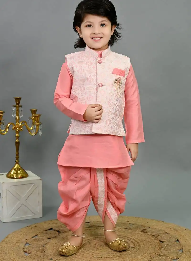 Boys pink cotton silk geometric floral motifs kurta & dhoti set with waistcoat