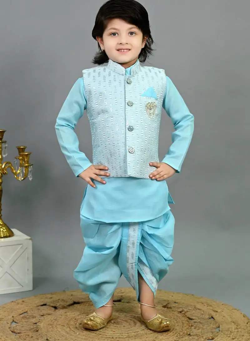 Boys sky blue cotton silk sequins embellished wavy motifs kurta & dhoti set with waistcoat