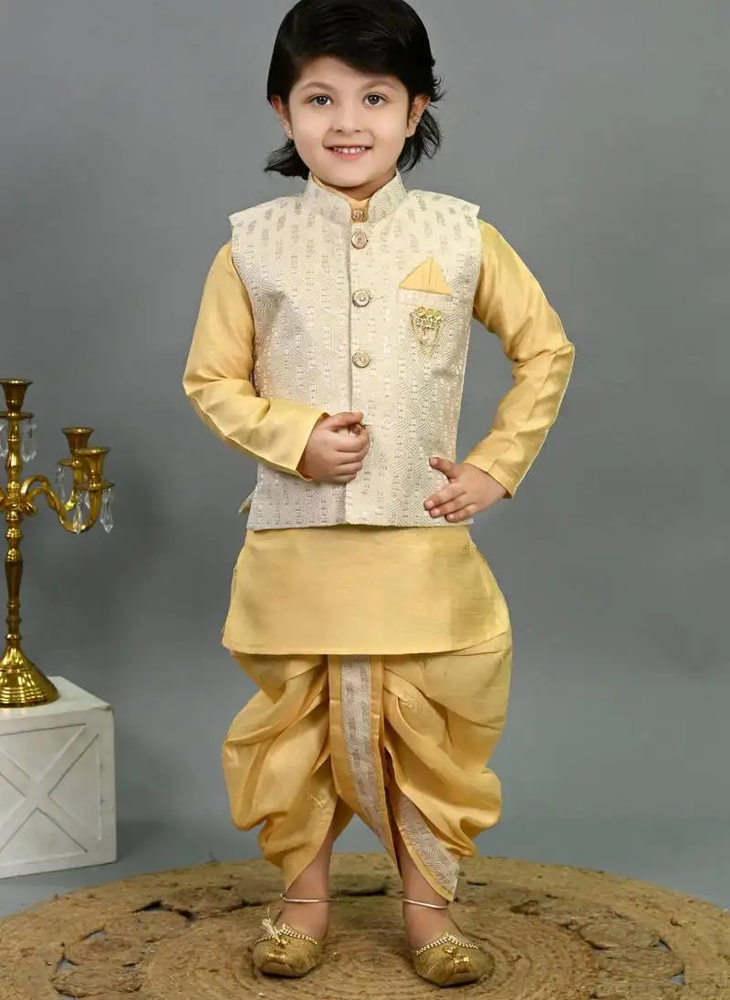 Boys yellow cotton silk sequins embellished wavy motifs kurta & dhoti set with waistcoat