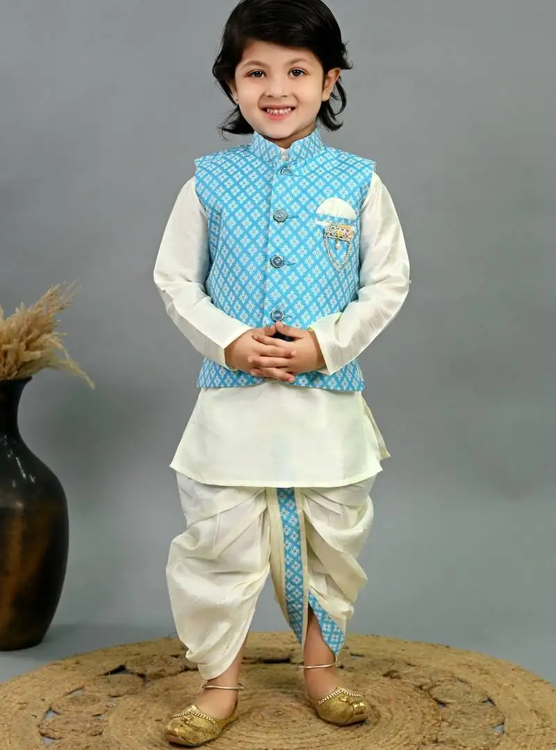 Boys sky blue & white cotton silk diamond pattern kurta & dhoti set with waistcoat