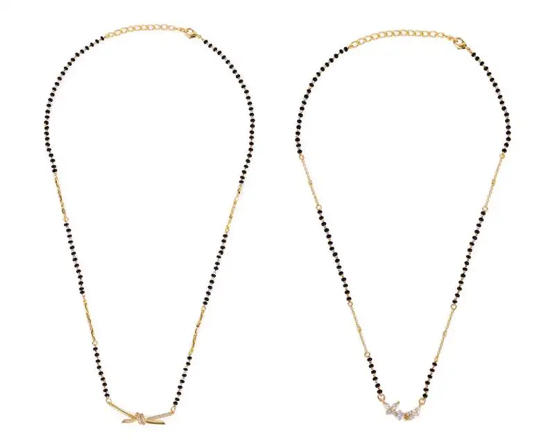 Flower design gold plated combo set of 2 black beaded adjustable chain mangalsutra for women