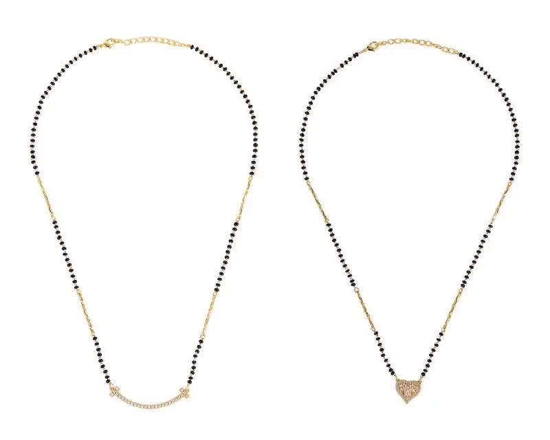 Heart shape gold plated combo set of 2 black beaded adjustable chain mangalsutra for women