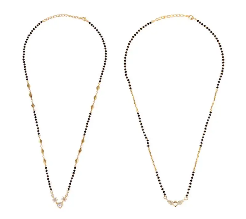 Leaf and heart shape gold plated combo set of 2 black beaded adjustable chain mangalsutra for women