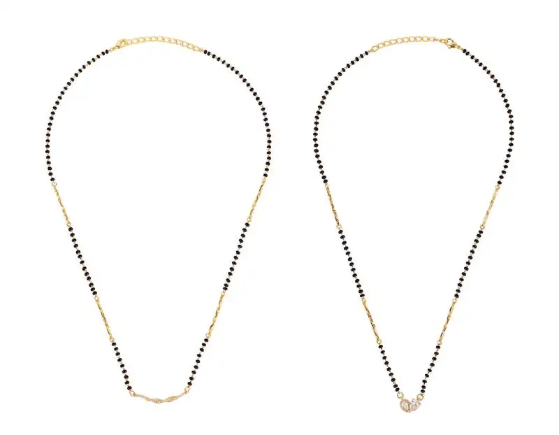 Cz studded oval shape gold plated combo set of 2 black beaded adjustable chain mangalsutra for women