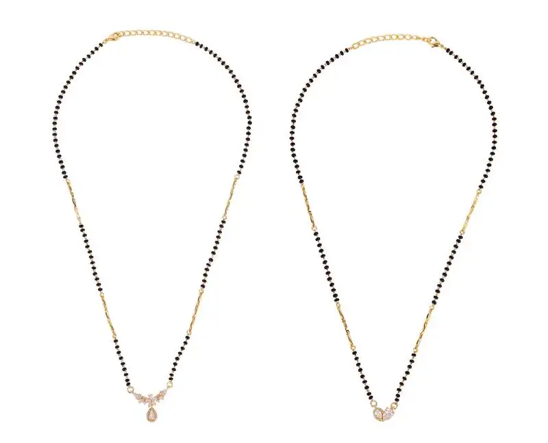 Oval & flower design gold plated combo set of 2 black beaded adjustable chain mangalsutra for women