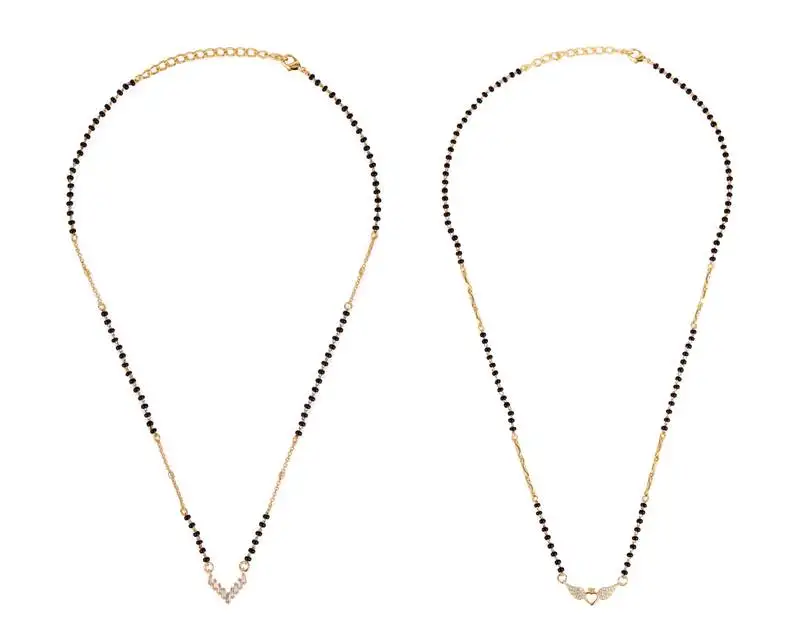 Splendid "v" shape gold plated combo set of 2 black beaded adjustable chain mangalsutra for women