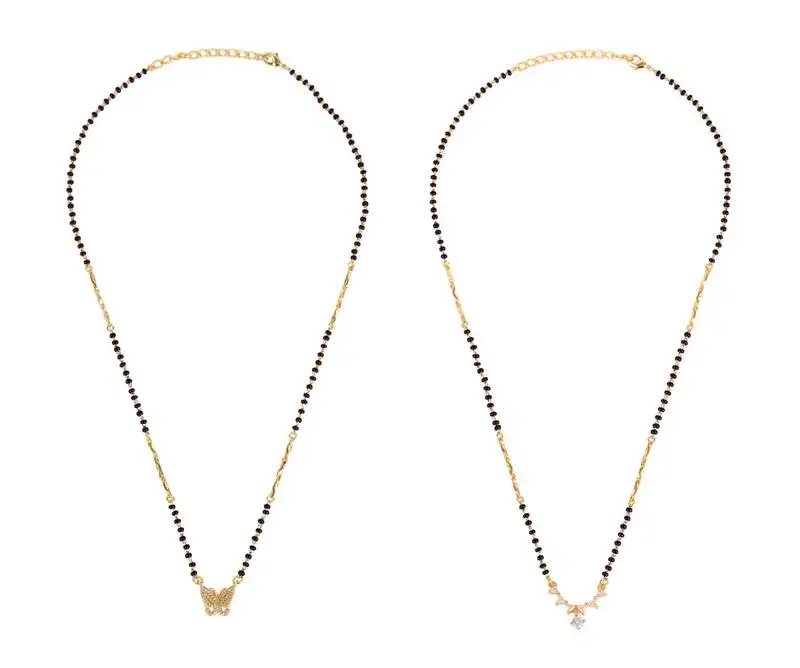 Round triangle shape gold plated combo set of 2 black beaded adjustable chain mangalsutra for women