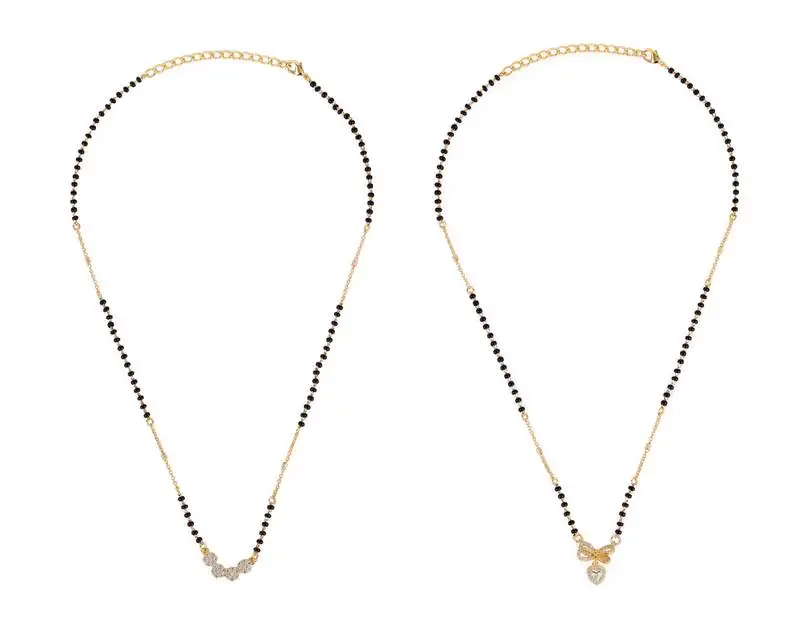 Butterfly heart shape gold plated combo set of 2 black beaded adjustable chain mangalsutra for women