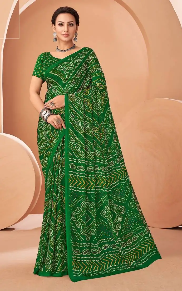 Dark green chiffon bandhani geometric printed saree with blouse