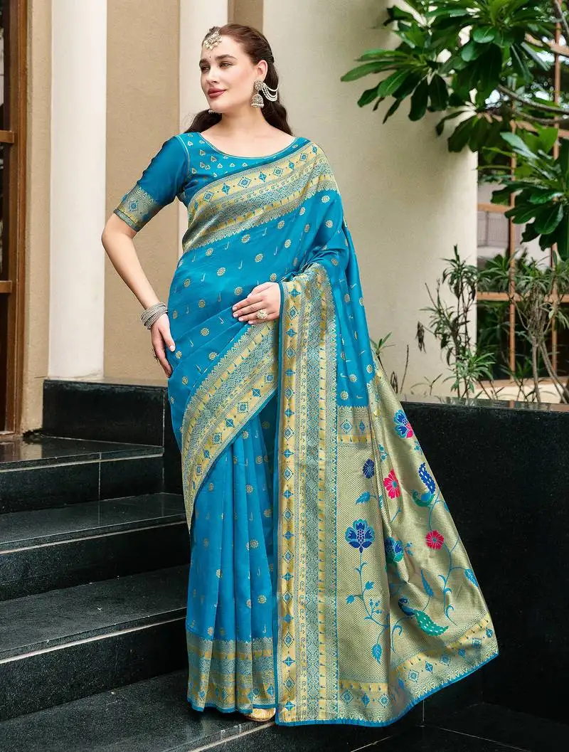 Blue color beautiful silk blended woven zari designer ceremonial saree