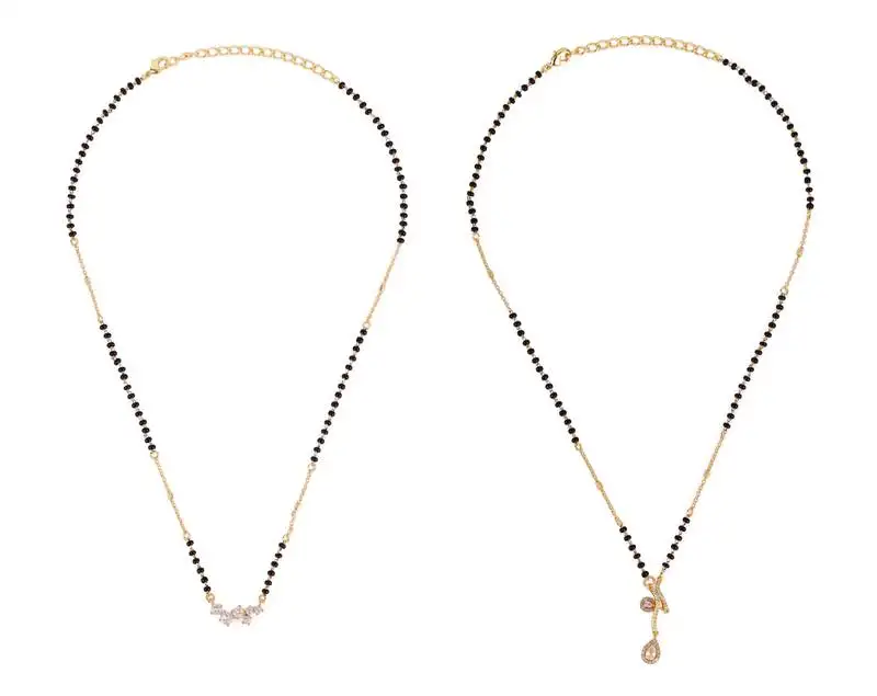 Oval shape cz studded gold plated combo set of 2 black beaded adjustable chain mangalsutra for women