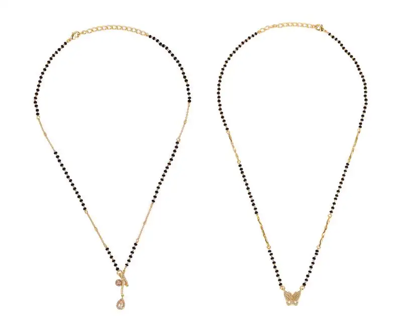 Butterfly design gold plated combo set of 2 black beaded adjustable chain mangalsutra for women