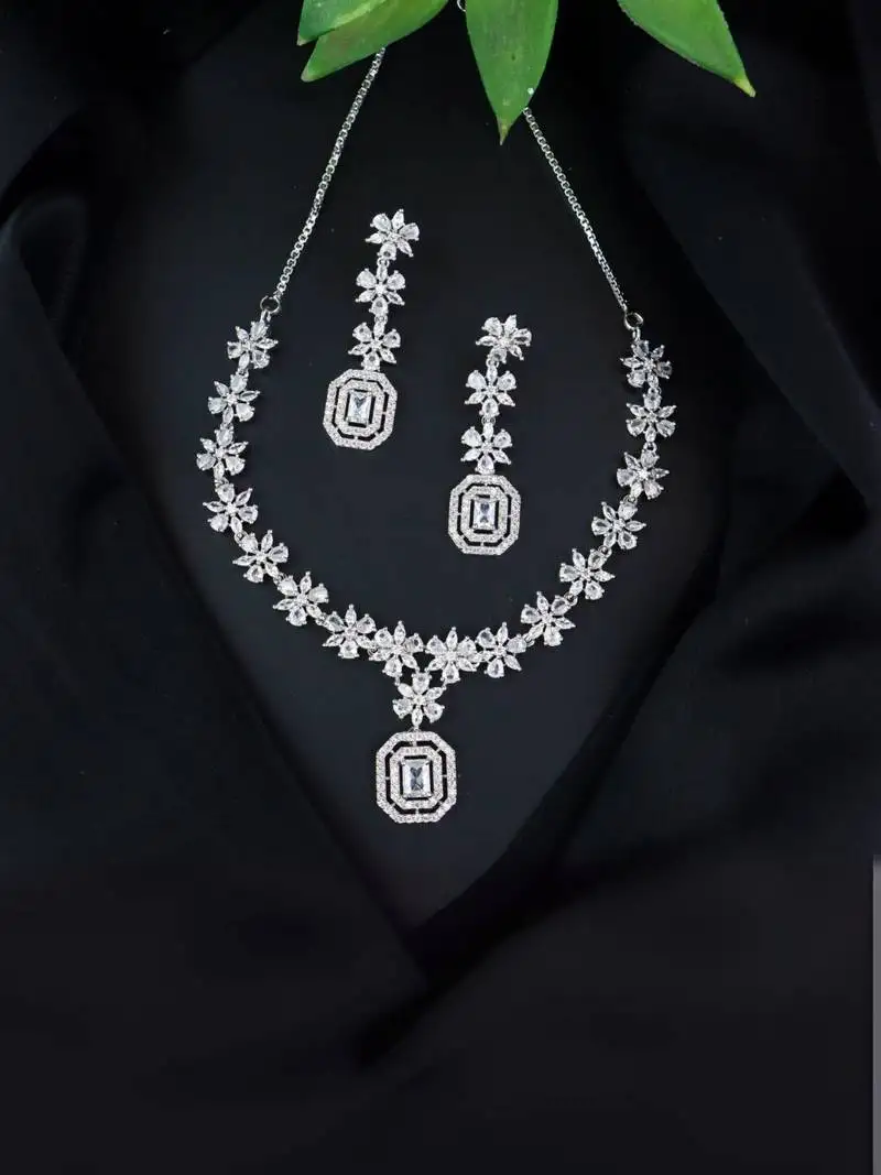 Silver plated cubic zirconia american diamond cz special chain necklace with earrings set for women