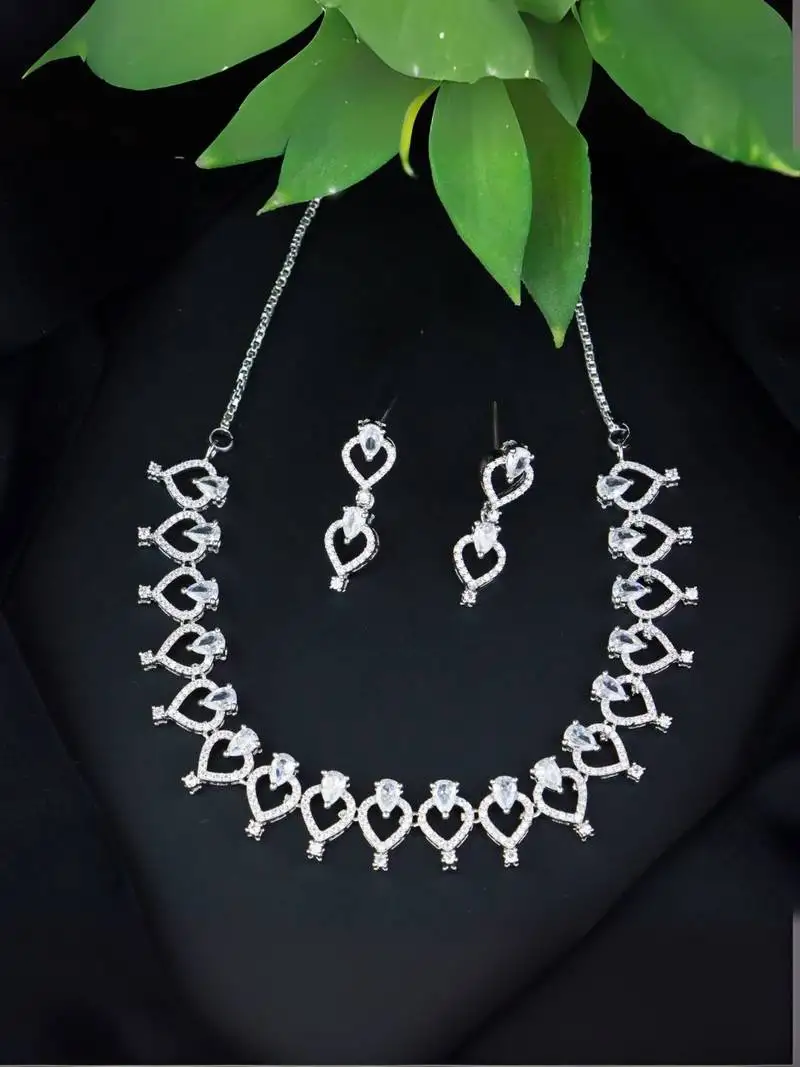 Stylish silver plated cubic zirconia american diamond cz ad necklace jewellery set for women