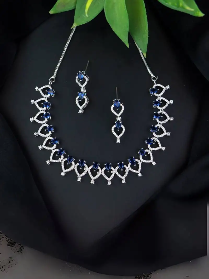 Stylish silver plated cubic zirconia american diamond cz ad necklace jewellery set for women &