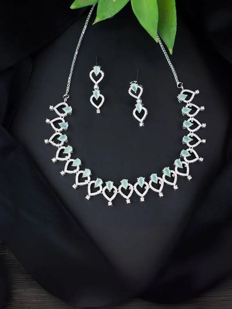 Stylish silver plated cubic zirconia american diamond special necklace with earrings set for women
