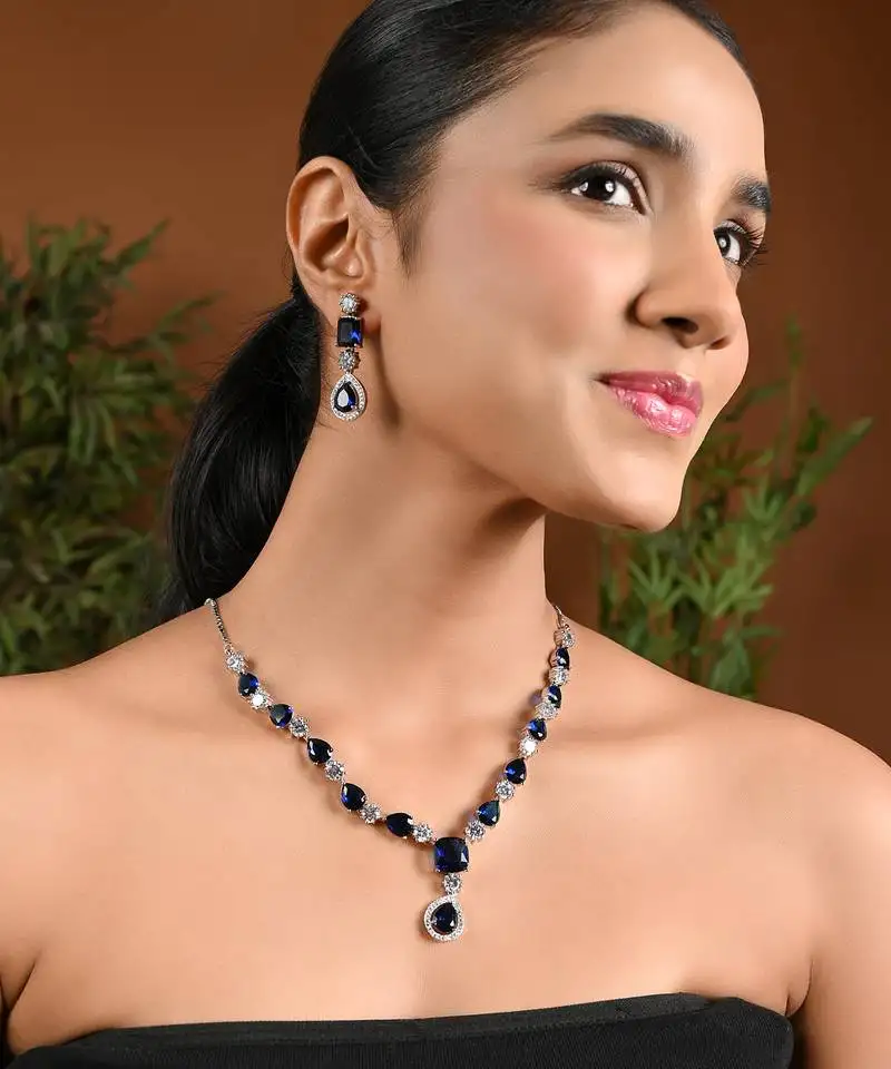 Silver plated cubic zirconia american diamond special necklace & drop earrings jewellery set for women