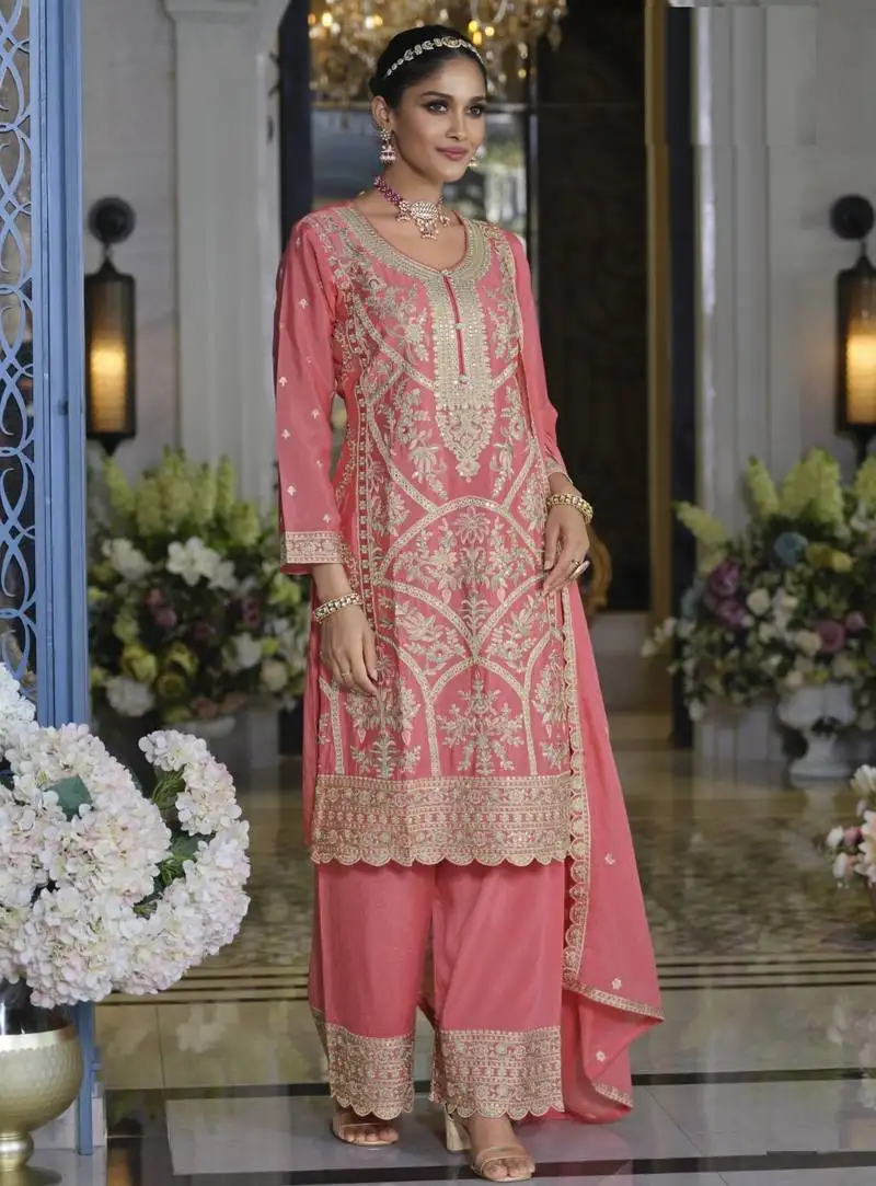 Pink embroidered chinon free size stitched palazzo style salwar suit-full stitched free size