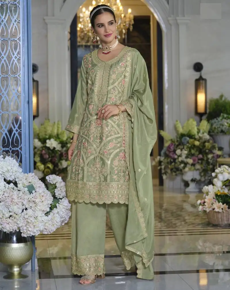 Green embroidered chinon free size stitched palazzo style salwar suit-full stitched free size
