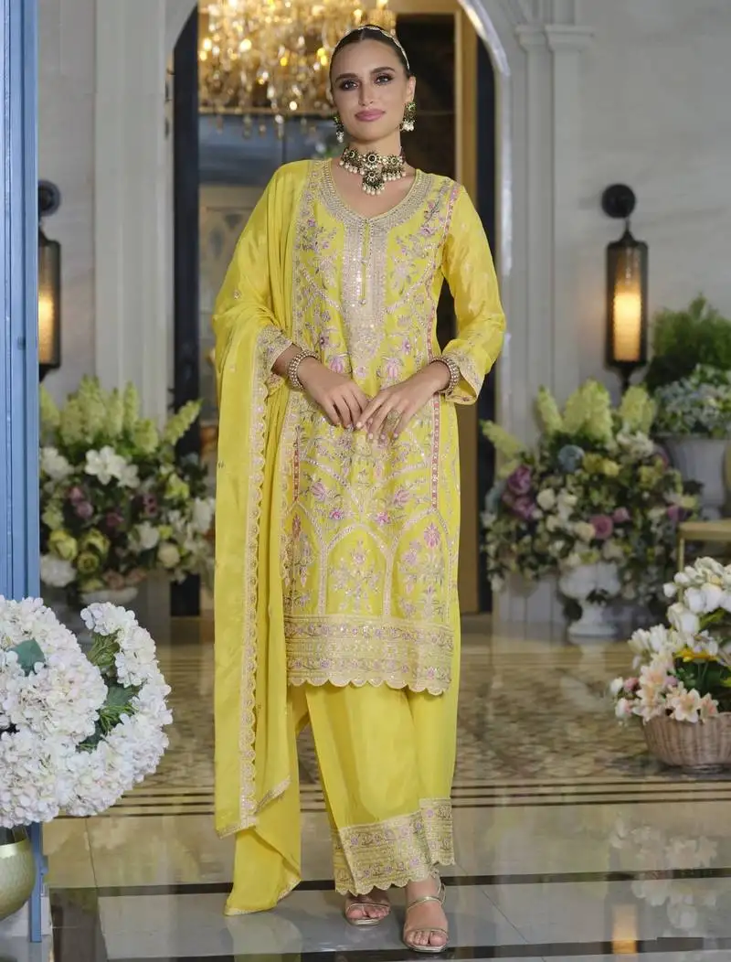 Yellow embroidered chinon free size stitched palazzo style salwar suit- full stitched free size