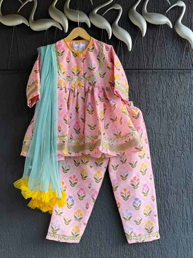 Pink printed cotton silk kurta set