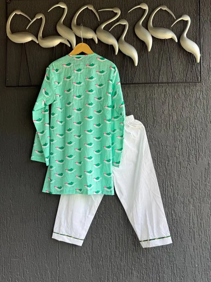 Green printed cotton silk kurta set