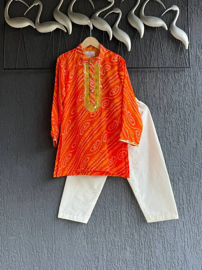 Orange printed cotton kurta set