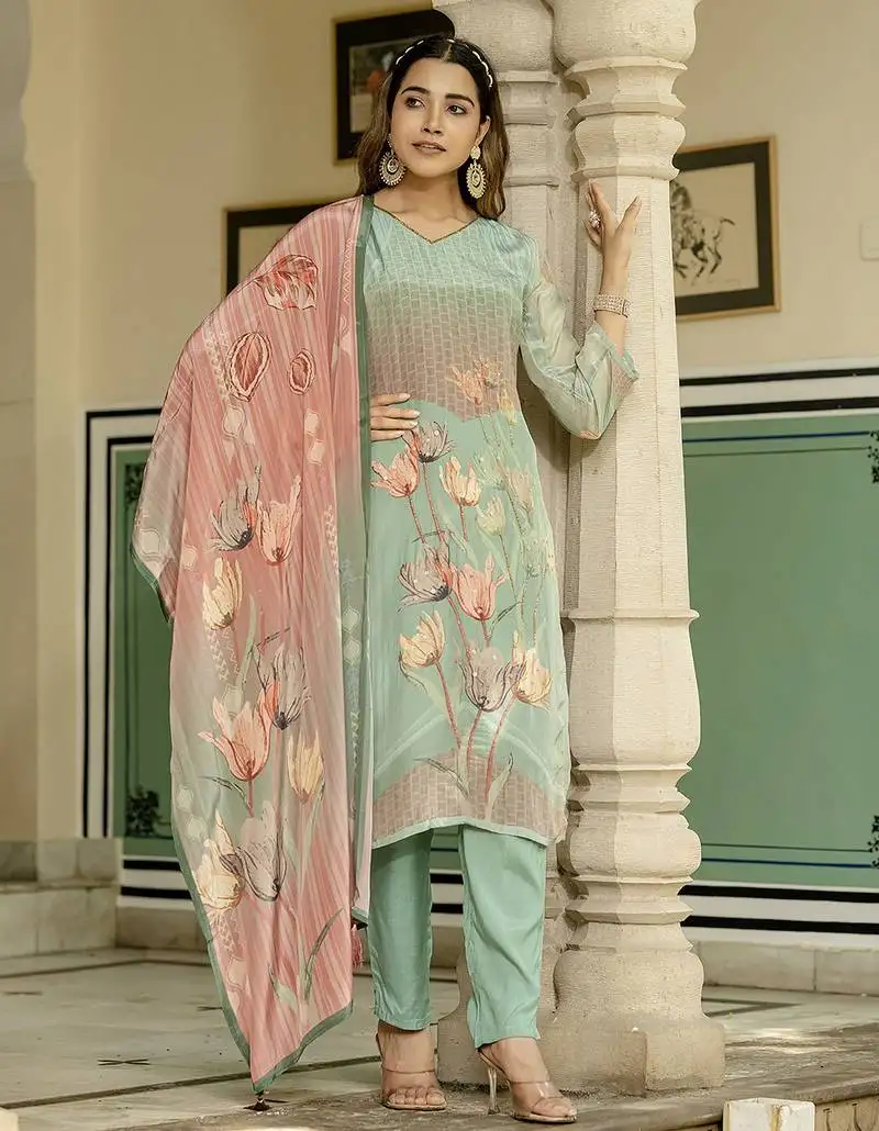 Sea green color beautiful natural crepe fabric readymade stylish ethnic suits for girls