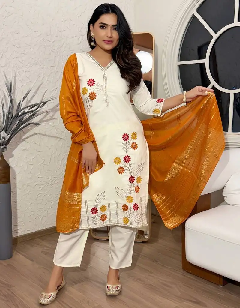 Cream color cotton silk fabric beautiful festive wear readyamde kurta set with dupatta