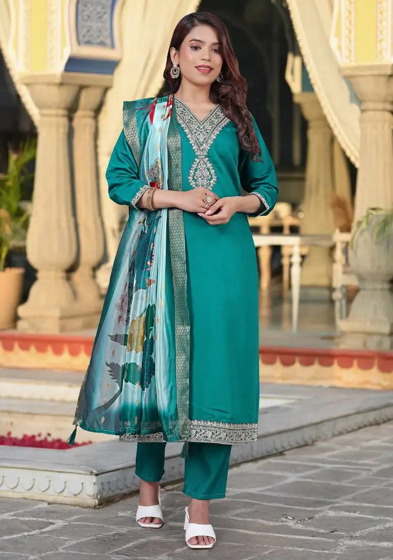 Teal blue color viscose chanderi fabric beautiful festive wear readyamde kurta set with dupatta