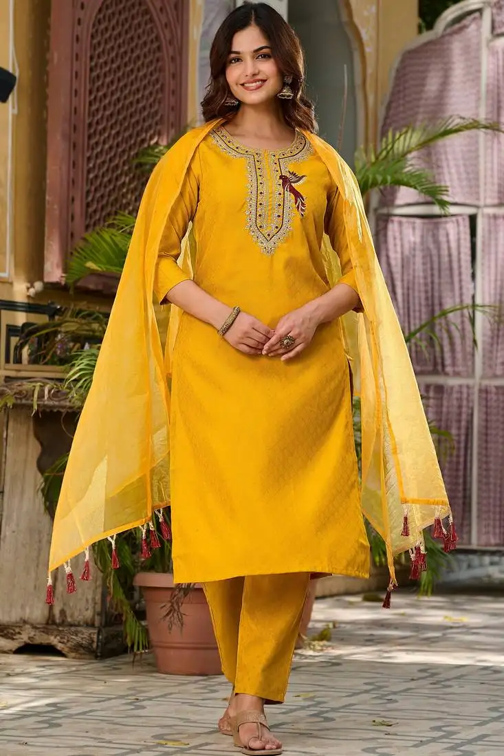 Yellow color viscose rayon fabric sophisticated partywear suit
