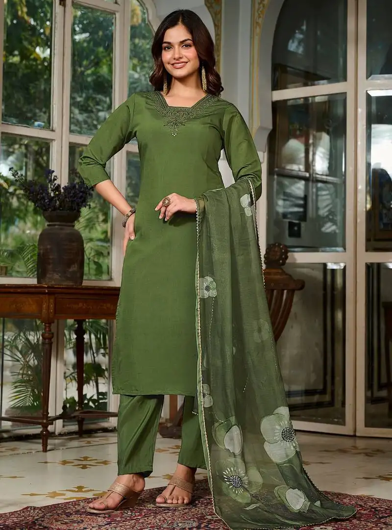 Mahendi color viscose chanderi fabric sophisticated partywear suit