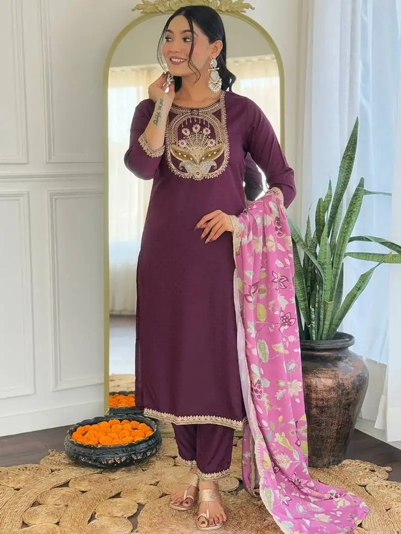 Wine color viscose rayon fabric sophisticated partywear suit