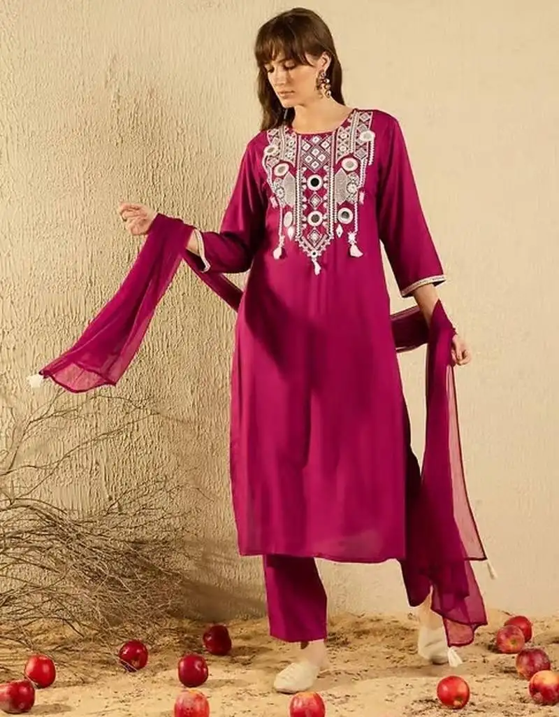 Burgundy color viscose chanderi fabric sophisticated partywear suit