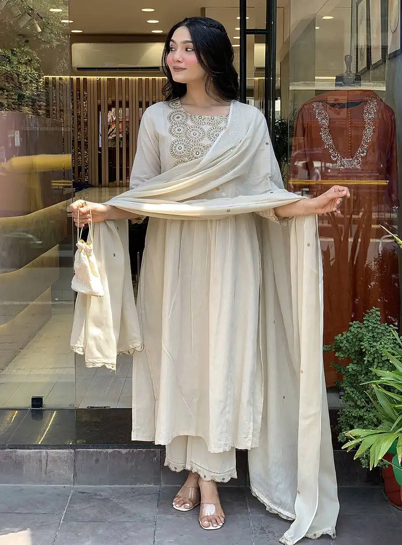 Off white color beautiful chanderi fabric dress for graceful festive looks