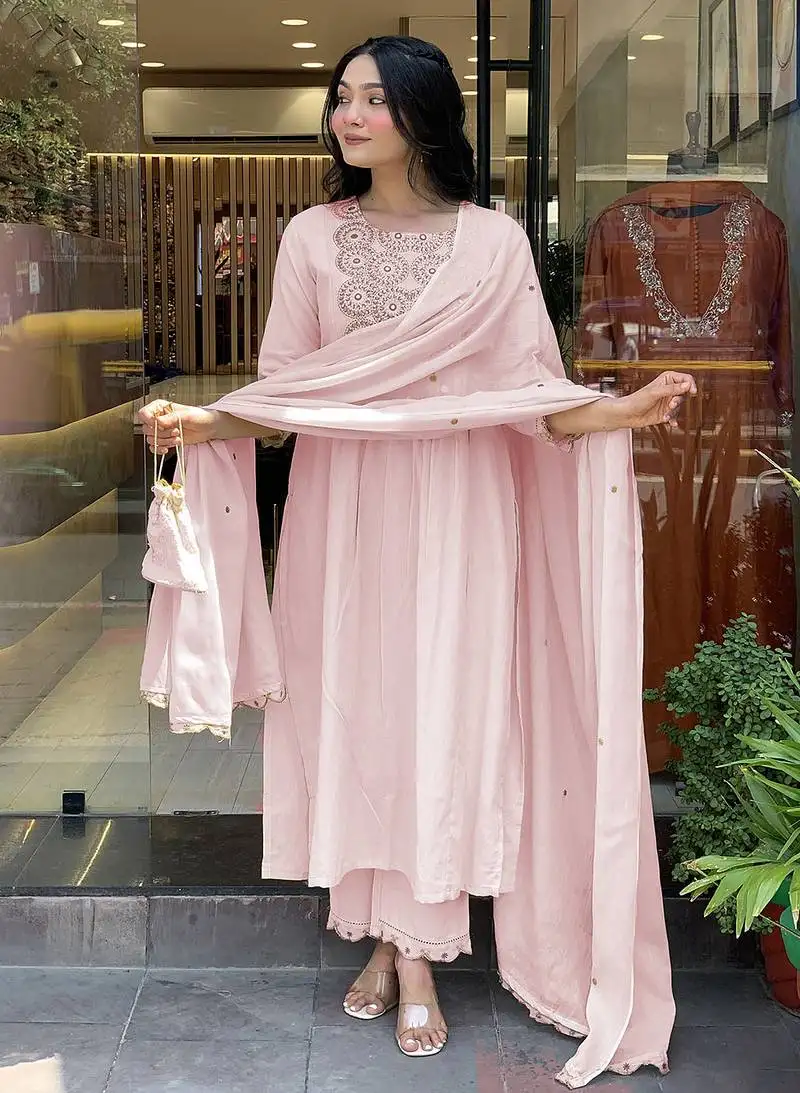 Pink color beautiful chanderi fabric dress for graceful festive looks